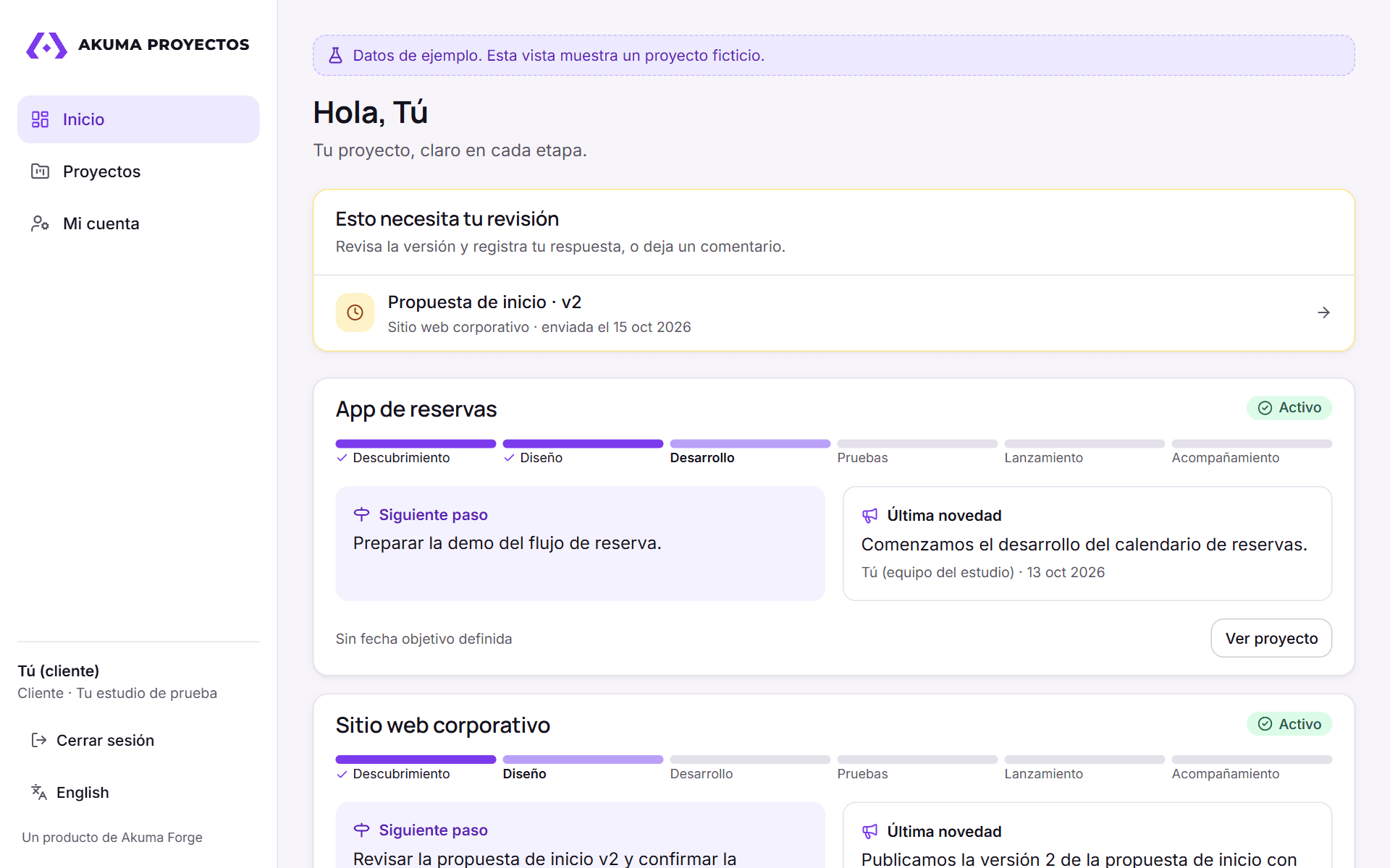 Vista del cliente de Akuma Proyectos: Solo lo publicado: avances, entregables y decisiones pendientes.