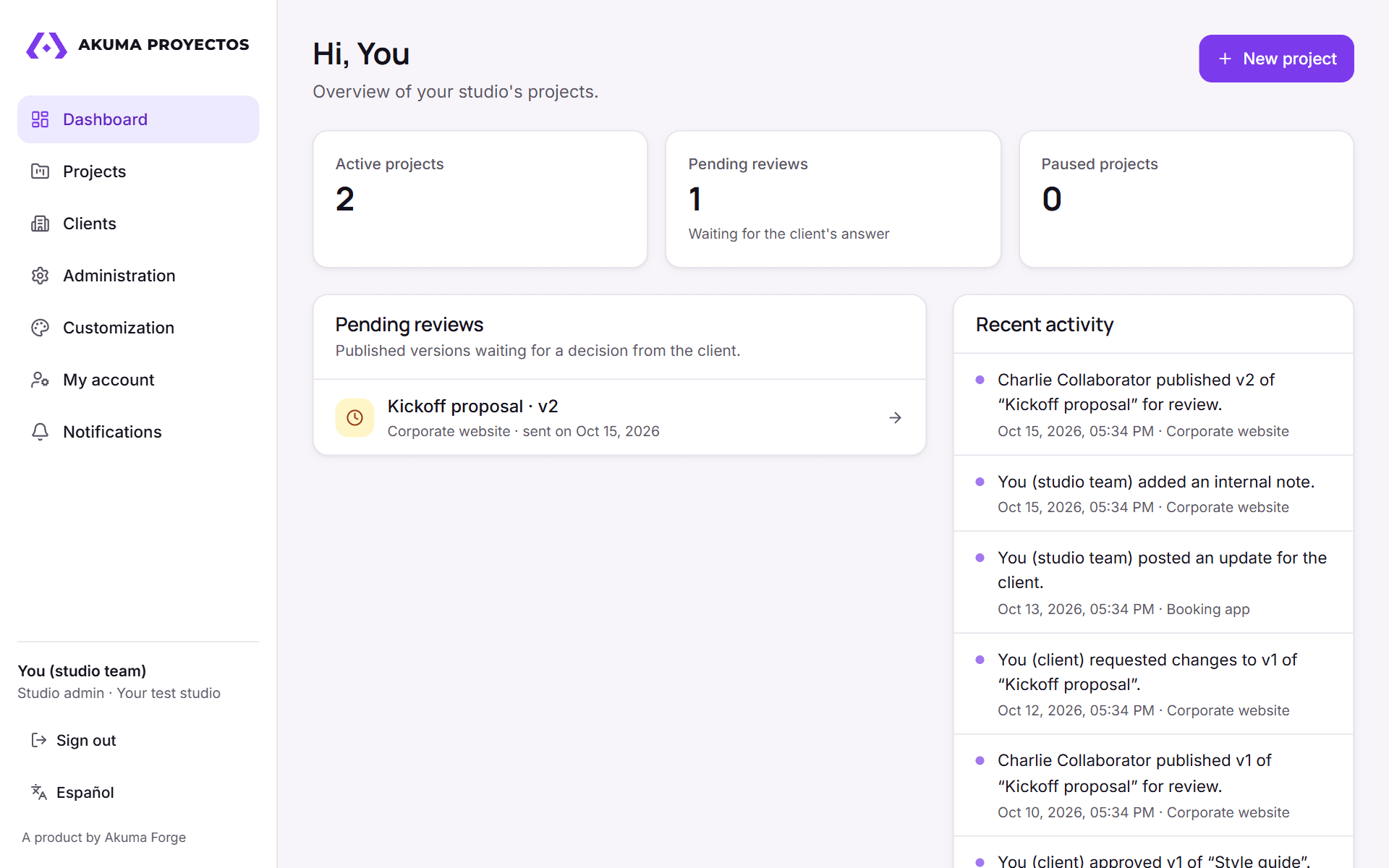 Team dashboard in Akuma Proyectos: Pending reviews and recent activity across all projects.
