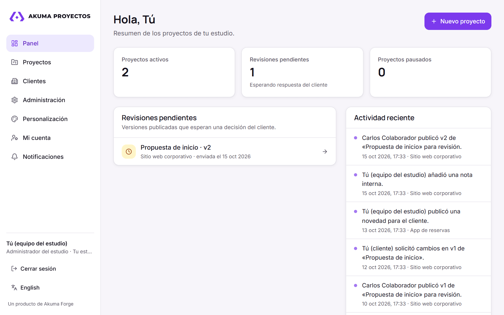 Panel del equipo de Akuma Proyectos: Revisiones pendientes y actividad reciente de todos los proyectos.