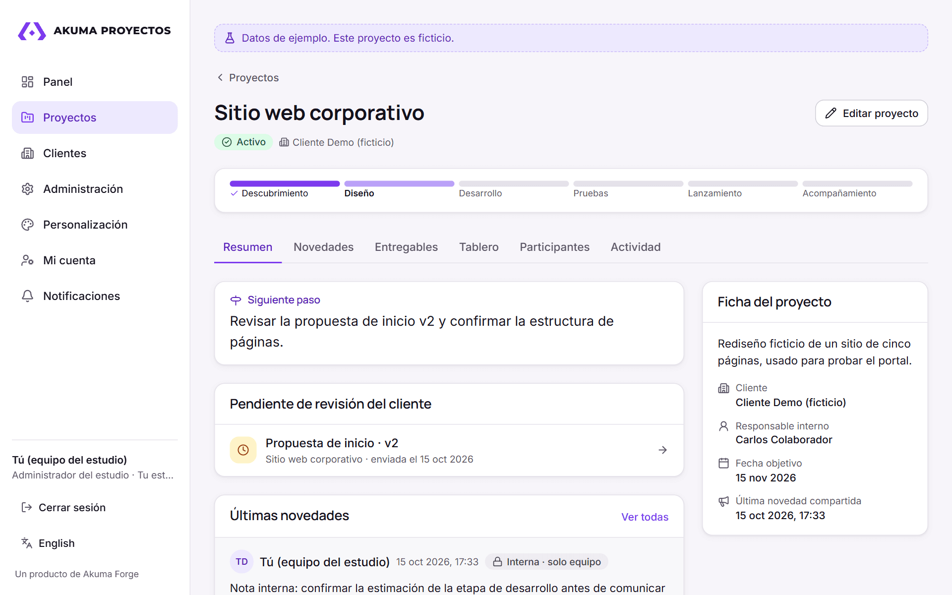 Proyecto de Akuma Proyectos: Etapa actual, siguiente paso y lo que espera revisión.