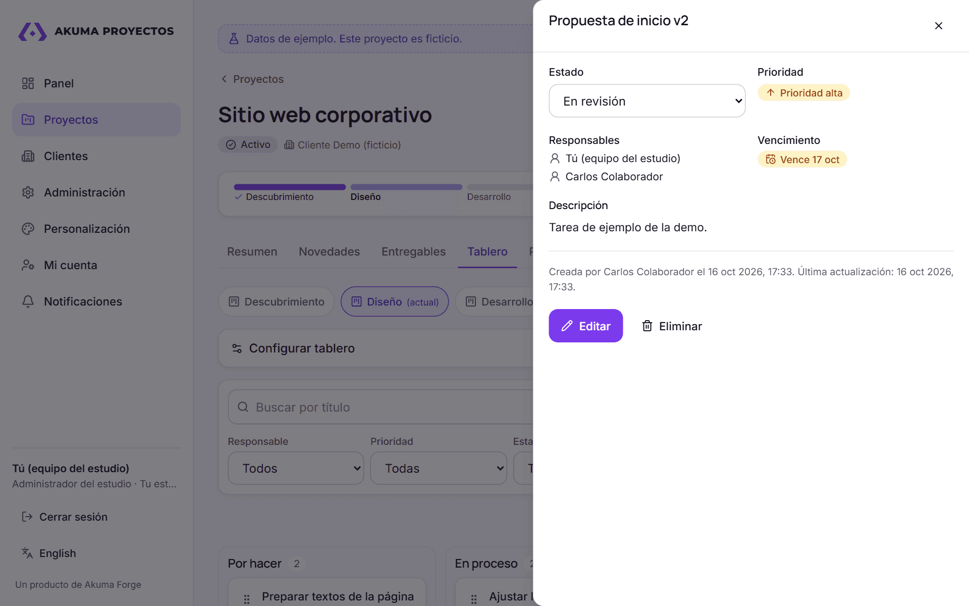 Tareas de Akuma Proyectos: Responsables, prioridad y vencimiento de cada tarea del tablero.